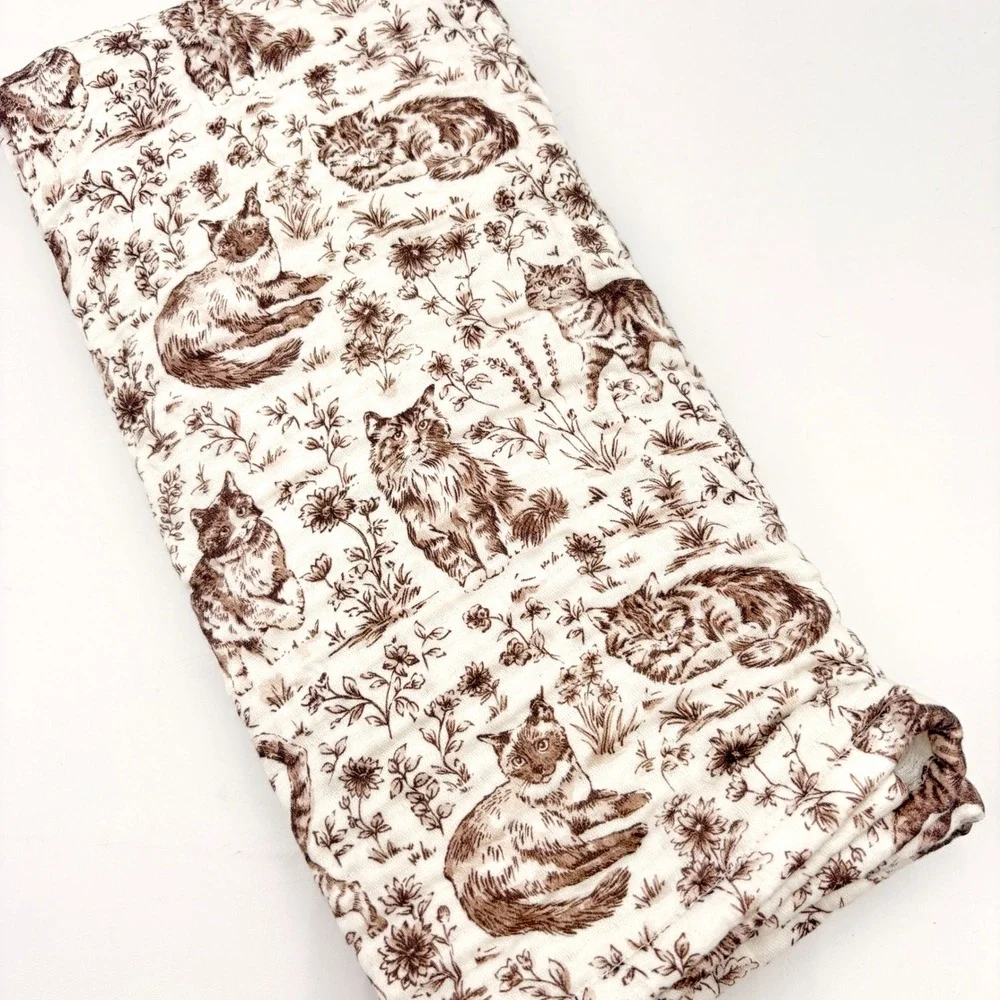 Rachel Ashwell Farmhouse Cat Toile Cotton Gauze Kitchen Towels Set of 2 Brown